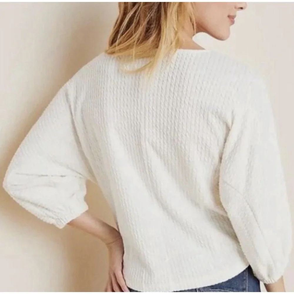 Anthropologie‎ Blouse Arya XS Cream Textured Top Balloon Puff Sleeves Popover
